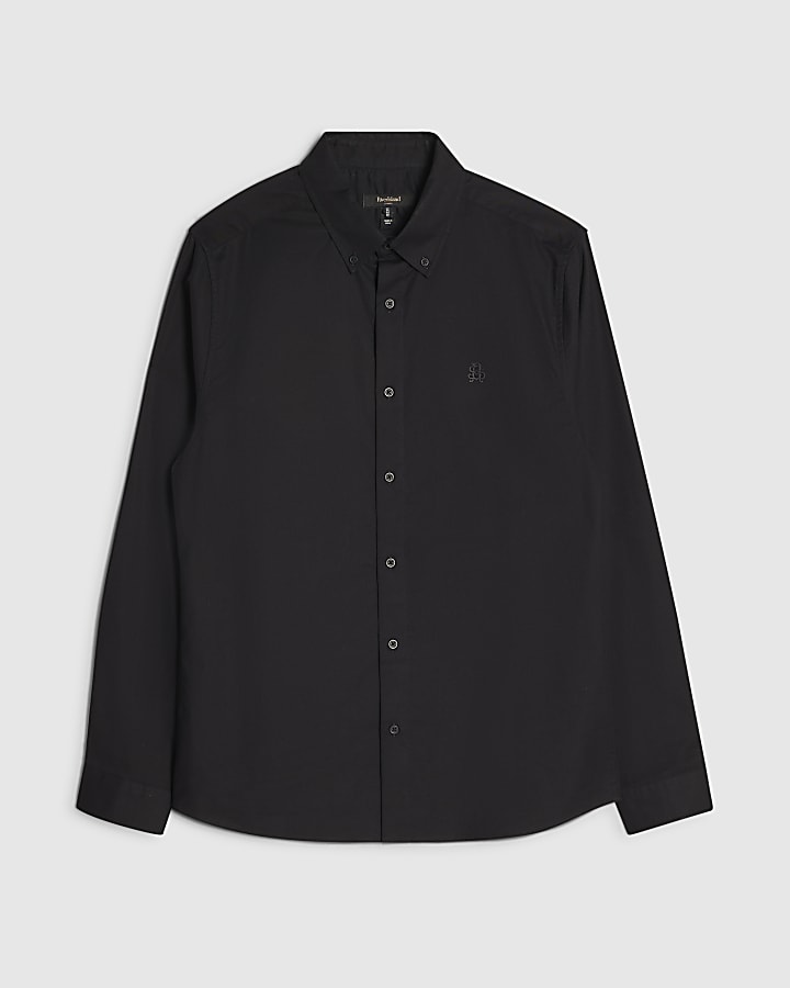 Black Muscle Fit Cotton RI Oxford Shirt
