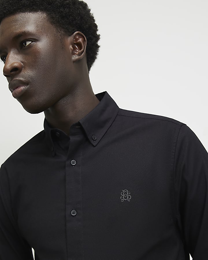 Black Muscle Fit Cotton RI Oxford Shirt