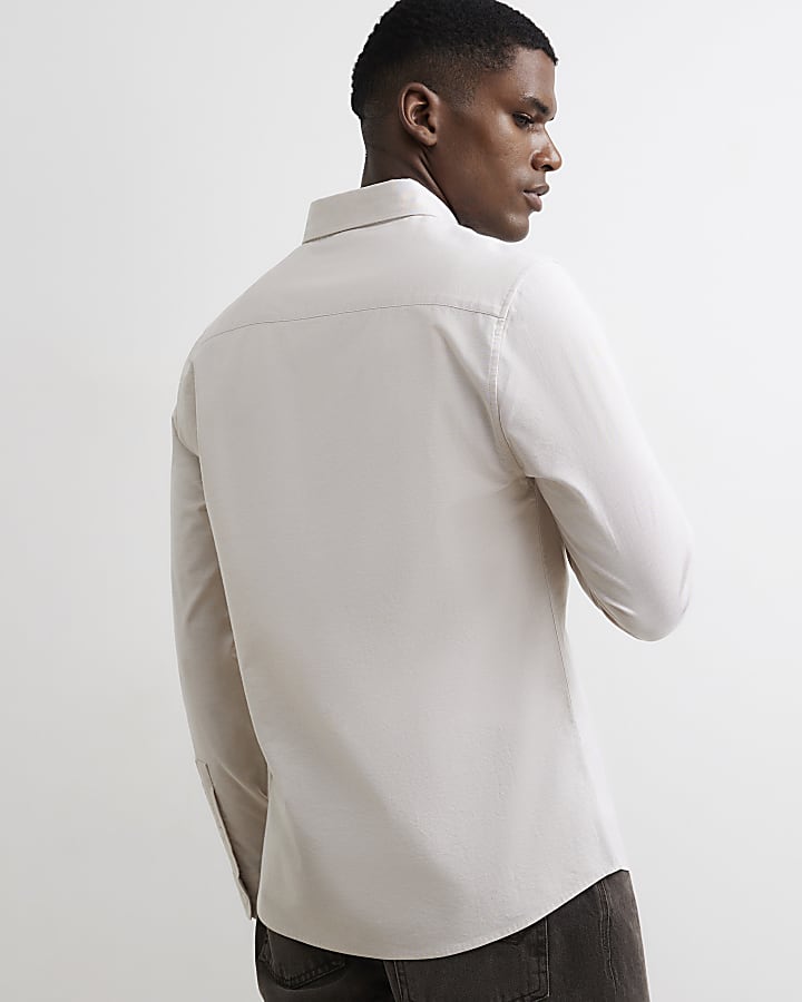 Beige Muscle Fit Cotton Long Sleeve Shirt