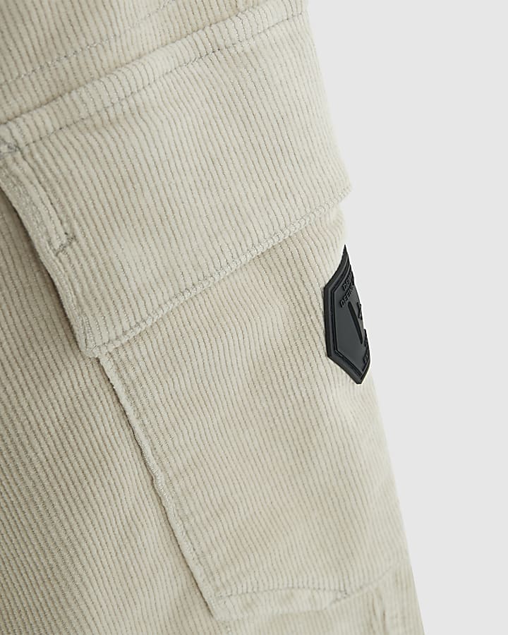 Beige Loose Fit Corduroy Cargo Trousers