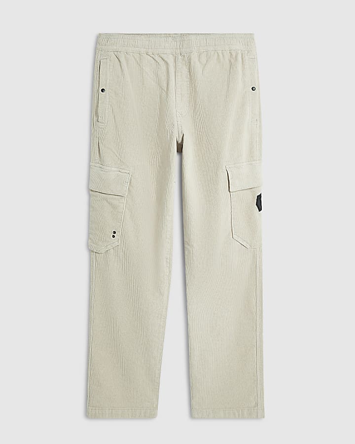 Beige Loose Fit Corduroy Cargo Trousers