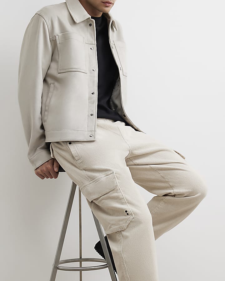 Beige Loose Fit Corduroy Cargo Trousers