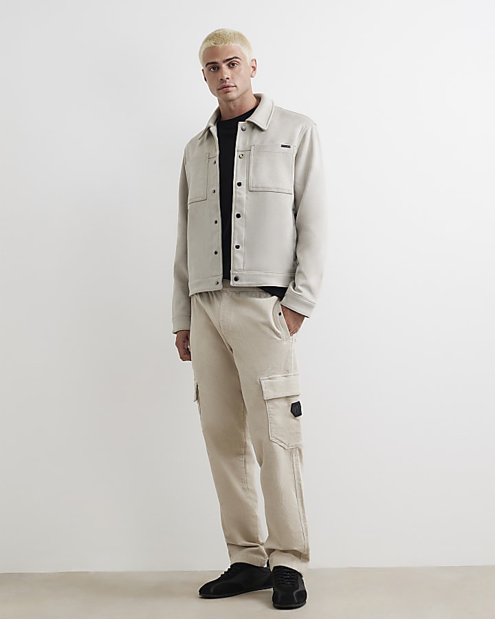 Beige Loose Fit Corduroy Cargo Trousers