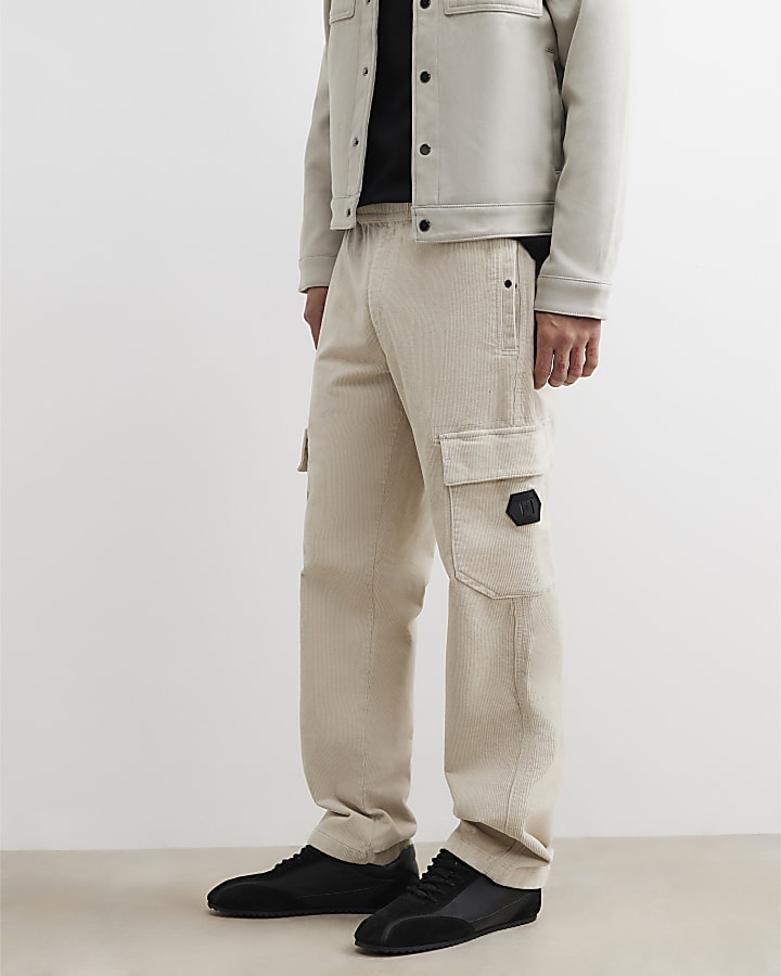 Beige Loose Fit Corduroy Cargo Trousers