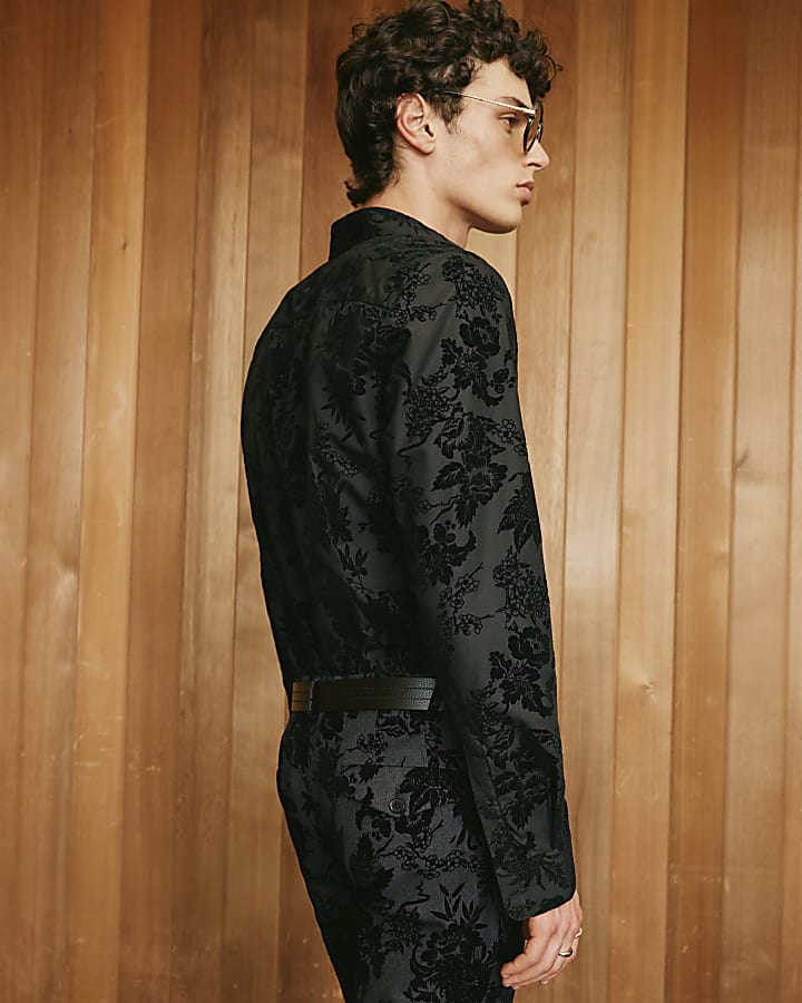Black Twisted Tailor Floral Flocked Shirt