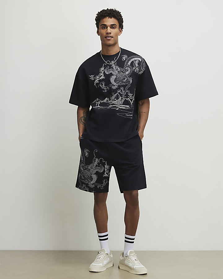 Black Oversized Tokyo Dragon Shorts Set