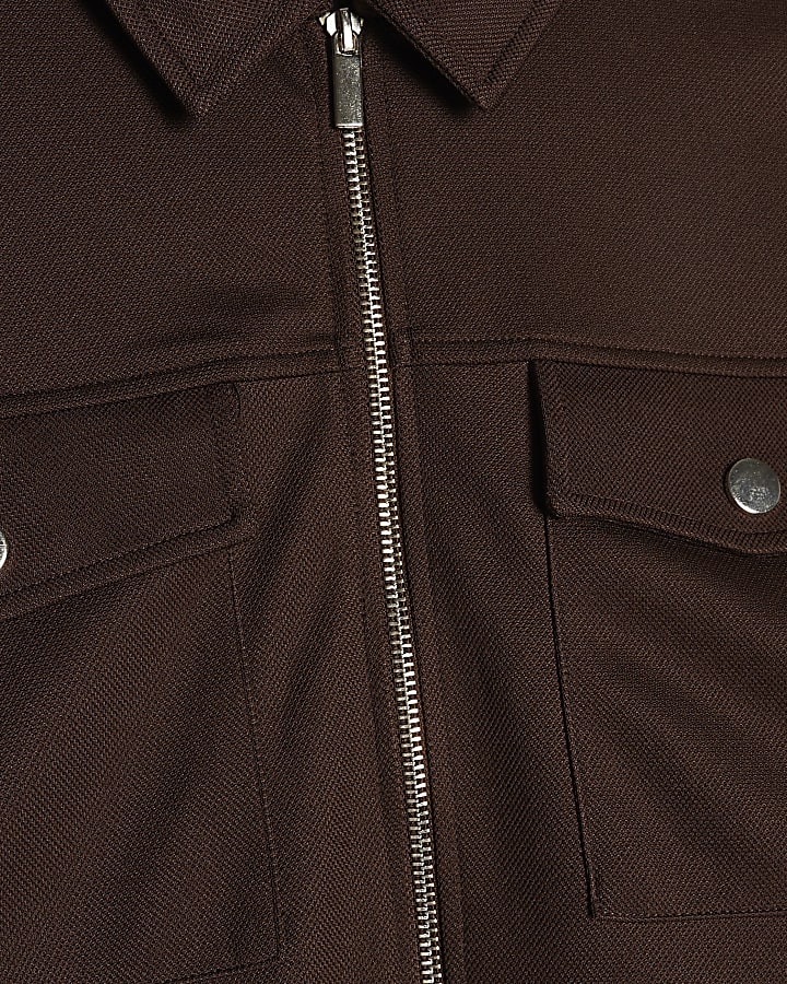 Brown Slim Fit Pique Shacket And Joggers Set