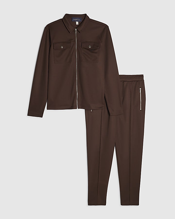 Brown Slim Fit Pique Shacket And Joggers Set