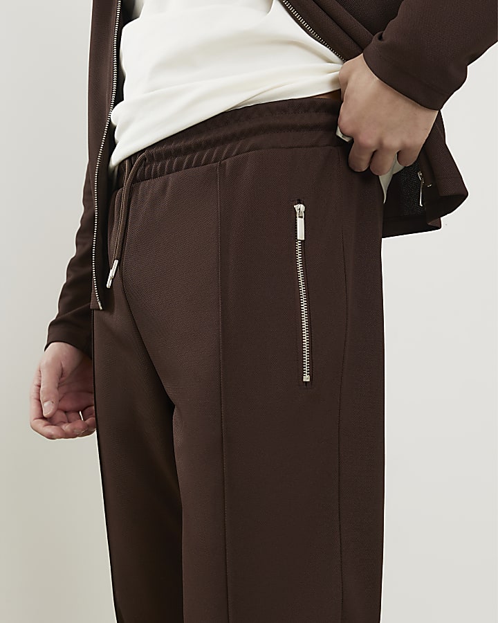 Brown Slim Fit Pique Shacket And Joggers Set