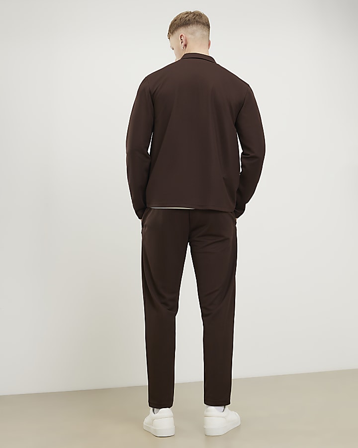 Brown Slim Fit Pique Shacket And Joggers Set