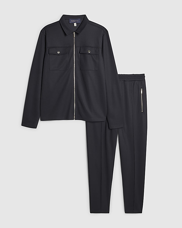 Navy Slim Fit Pique Overshirt And Joggers Set