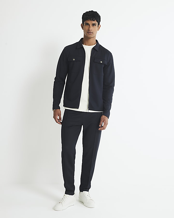 Navy Slim Fit Pique Overshirt And Joggers Set