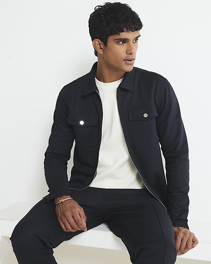 Navy Slim Fit Pique Overshirt And Joggers Set