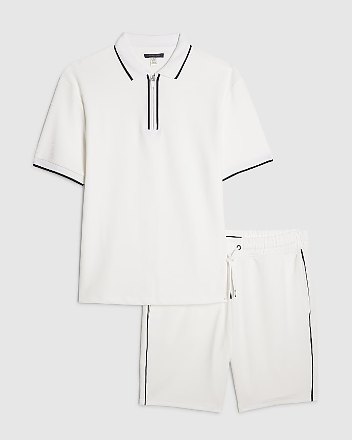 White Slim Fit Tipped Polo Shirt Set