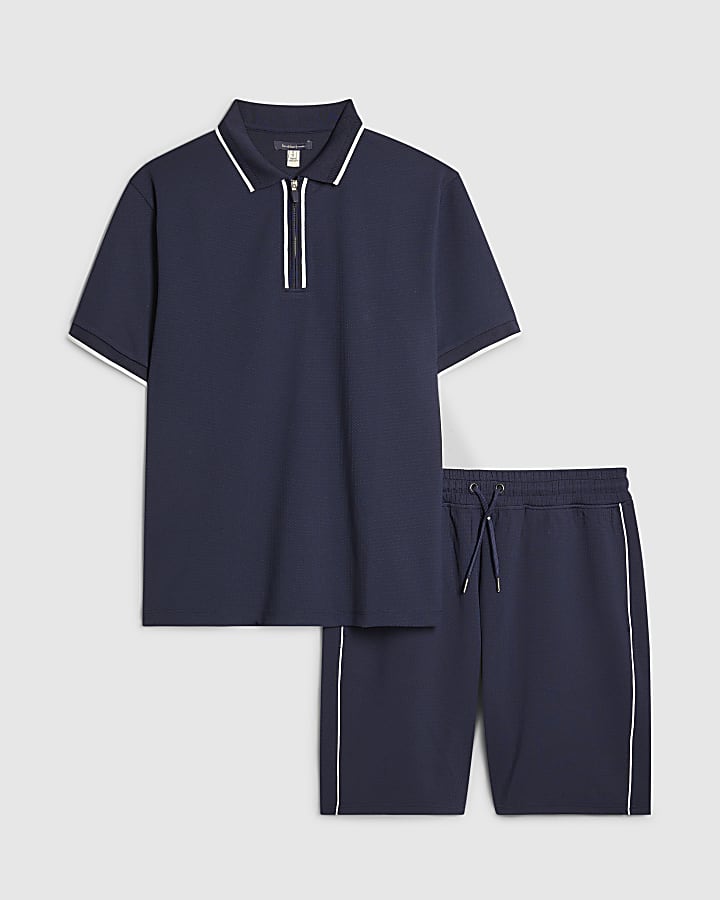 Navy Slim Fit Polo Shirt And Shorts Set