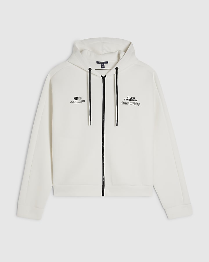 White Oversized Sanctuaire Zip Hoodie