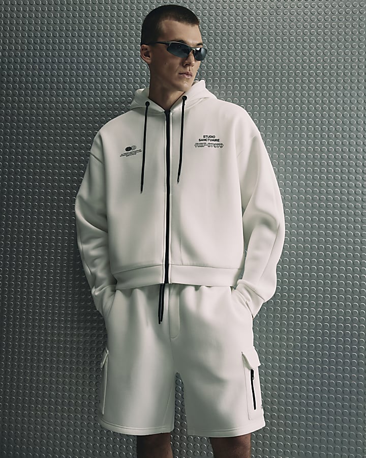 White Oversized Sanctuaire Zip Hoodie