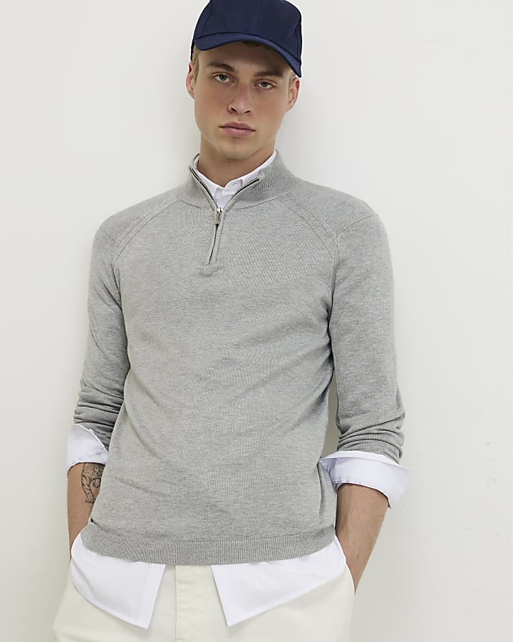 Grey Regular Fit Half Zip Jumper