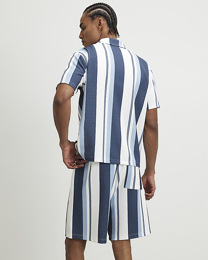 Blue Regular Fit Textured Stripe Shorts