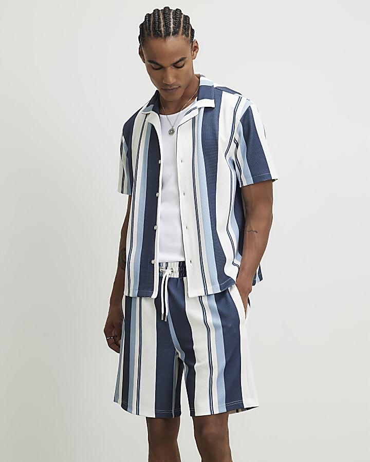 Blue Regular Fit Textured Stripe Shorts