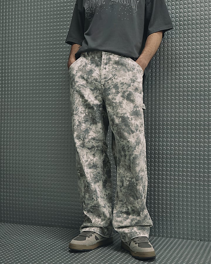 Cream Camo Baggy Fit Jeans