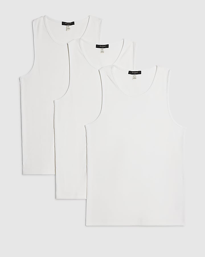 White Muscle Fit Ribbed Pack Of 3 Vests