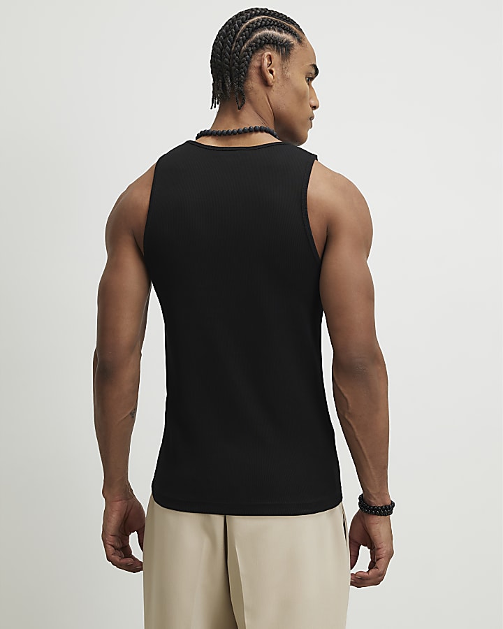 Black Muscle Fit Ribbed Pack Of 3 Vests