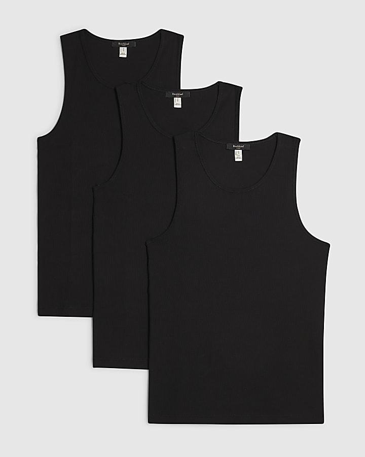 Black Muscle Fit Ribbed Pack Of 3 Vests