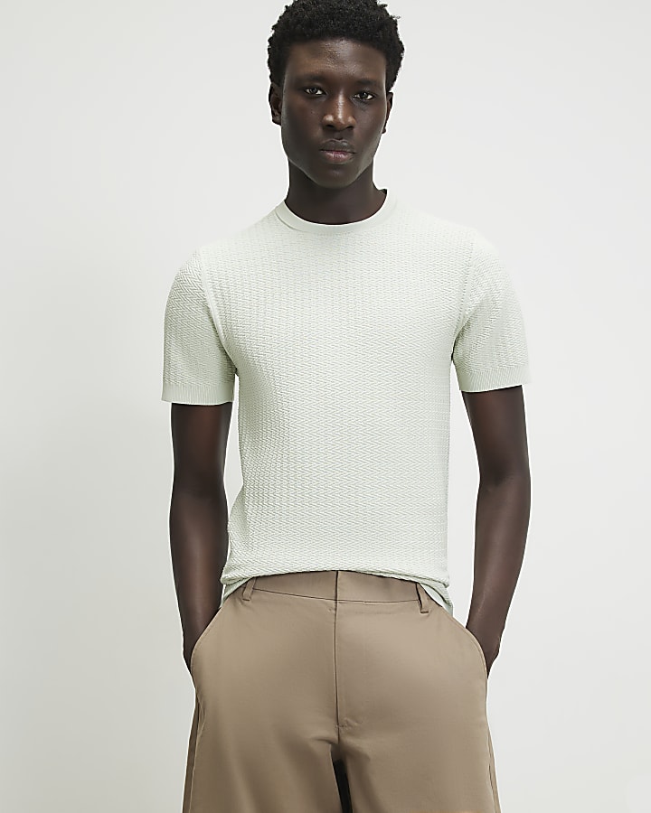 Green Muscle Fit Zig Zag Textured T-Shirt