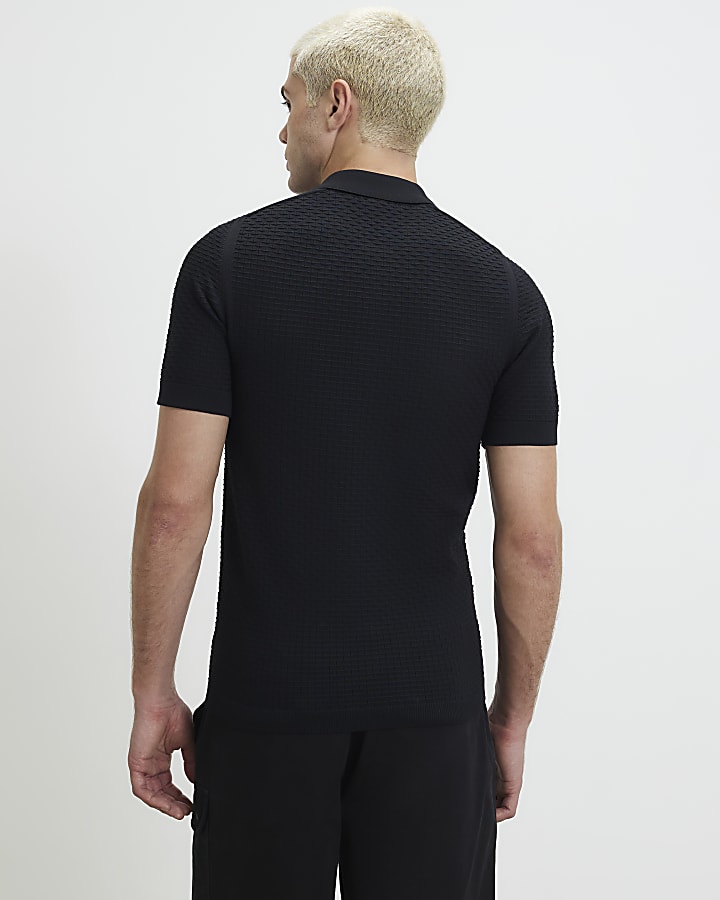 Black Muscle Fit Hexogen Textured Polo Shirt