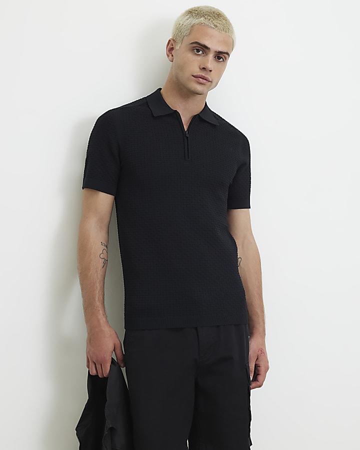 Black Muscle Fit Hexogen Textured Polo Shirt