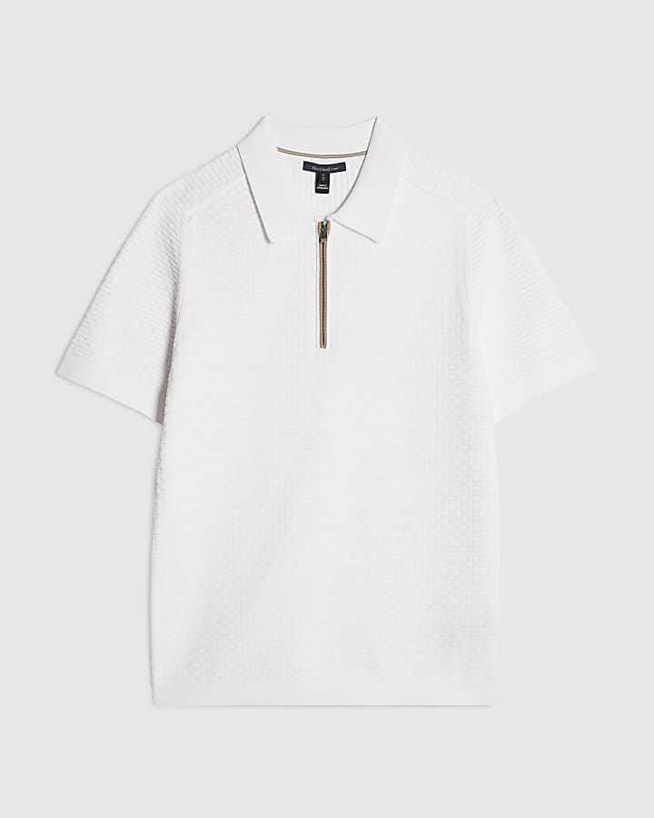 White Muscle Fit Hexogen Textured Polo Shirt