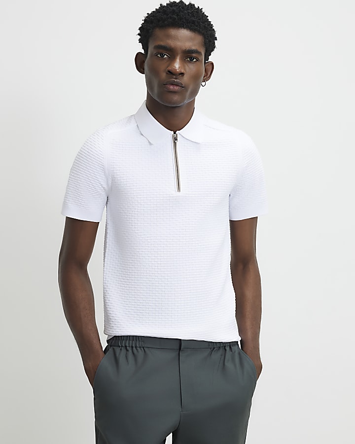 White Muscle Fit Hexogen Textured Polo Shirt
