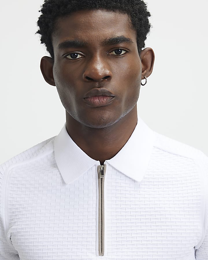 White Muscle Fit Hexogen Textured Polo Shirt