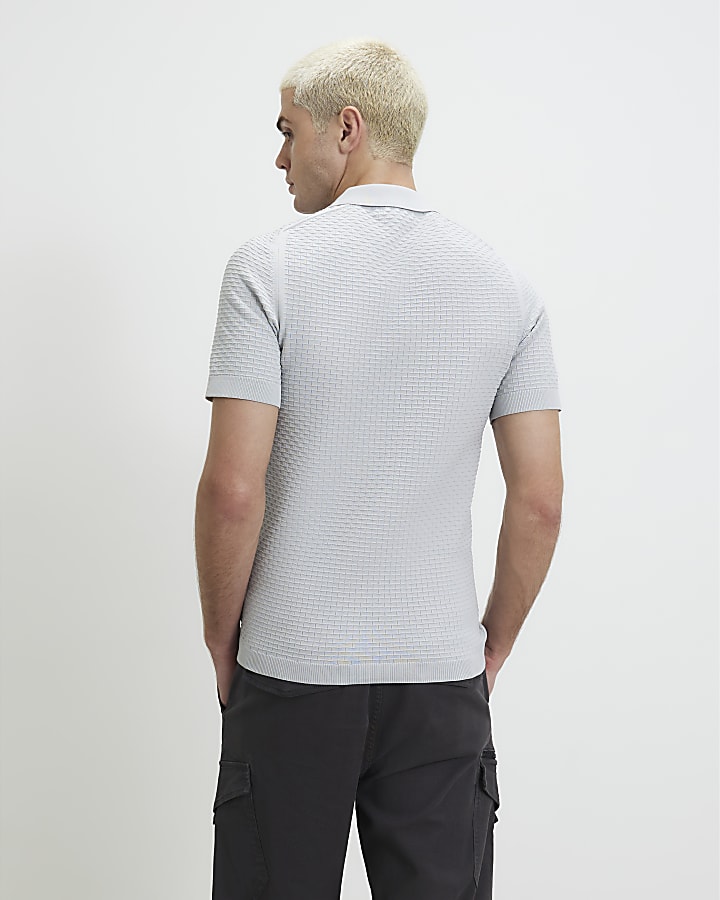 Grey Muscle Fit Hexogen Textured Polo Shirt