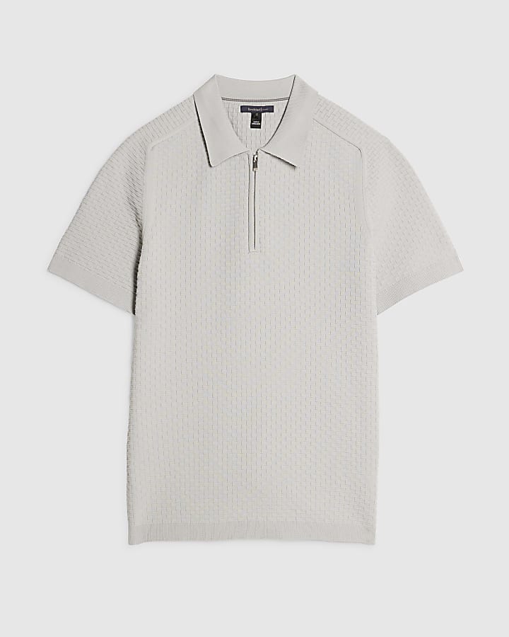 Grey Muscle Fit Hexogen Textured Polo Shirt