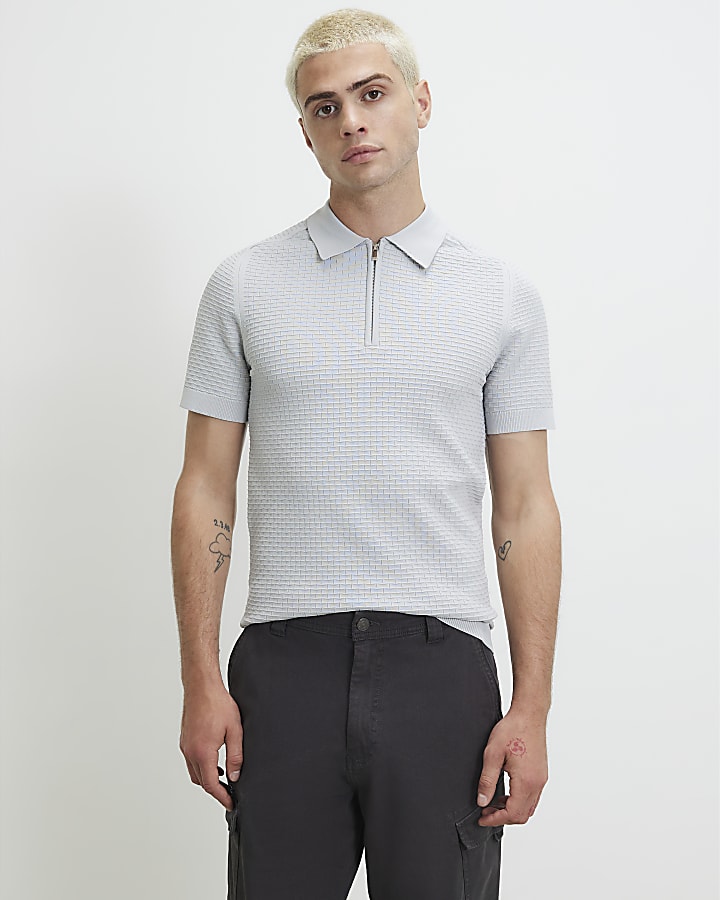 Grey Muscle Fit Hexogen Textured Polo Shirt
