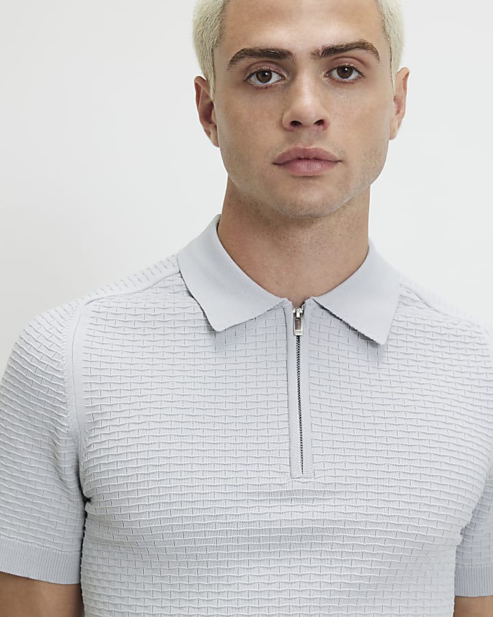 Grey Muscle Fit Hexogen Textured Polo Shirt