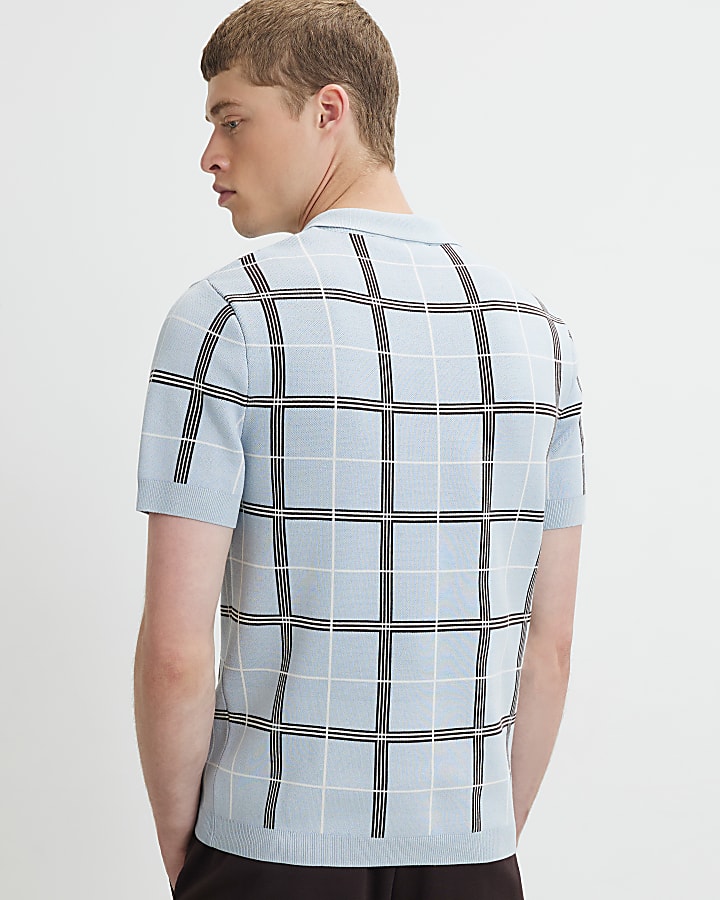 Blue Slim Fit Check Knitted Polo Shirt