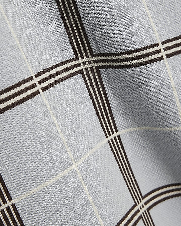 Blue Slim Fit Check Knitted Polo Shirt