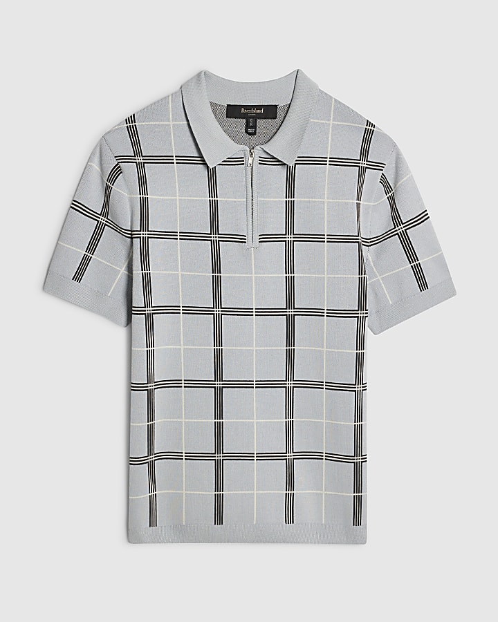 Blue Slim Fit Check Knitted Polo Shirt