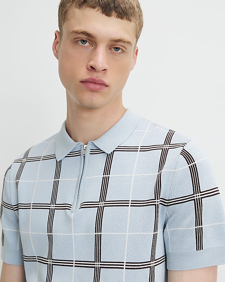 Blue Slim Fit Check Knitted Polo Shirt