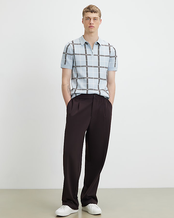 Blue Slim Fit Check Knitted Polo Shirt
