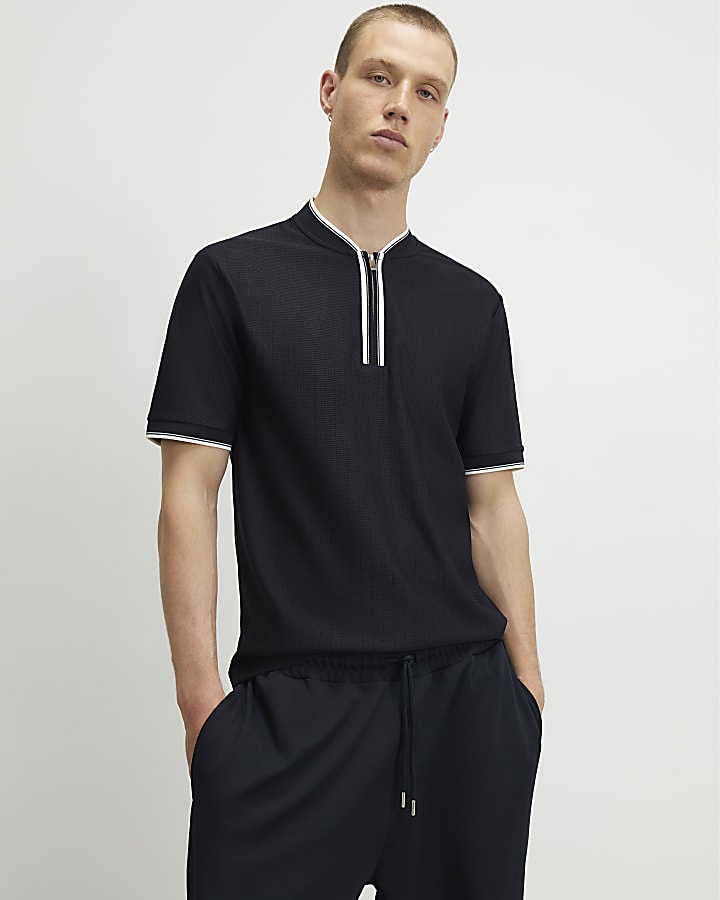Navy Slim Fit Textured Polo Shirt