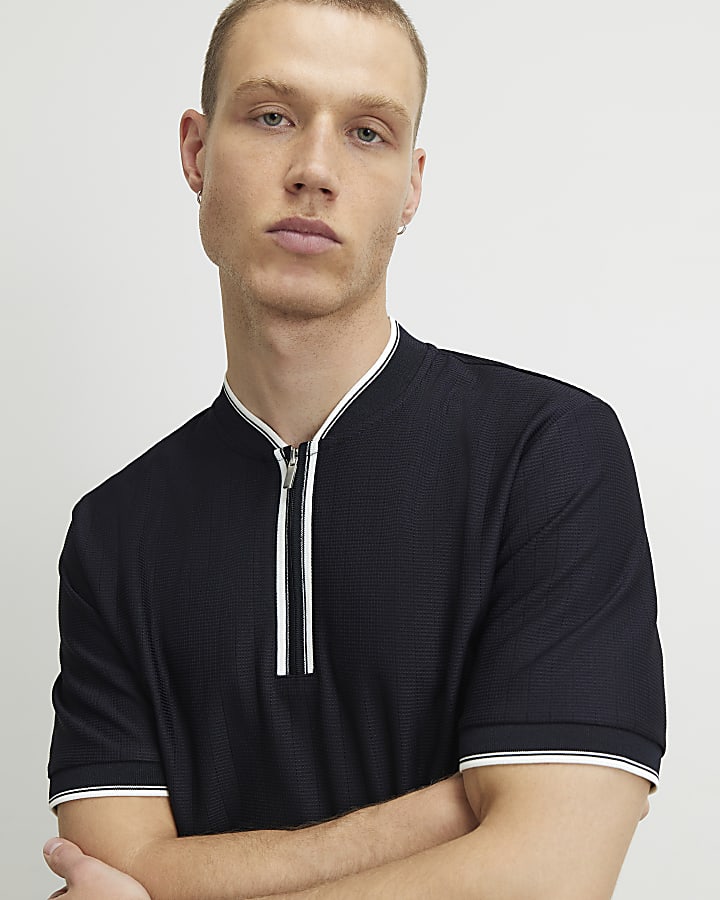 Navy Slim Fit Textured Polo Shirt