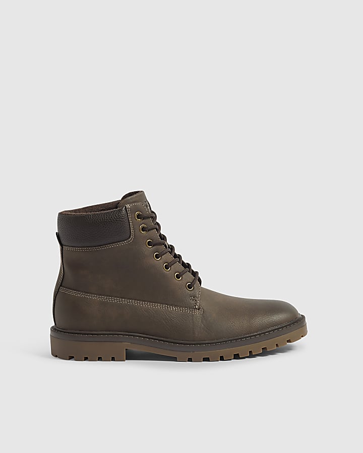 Brown Padded Collar Lace Up Boots