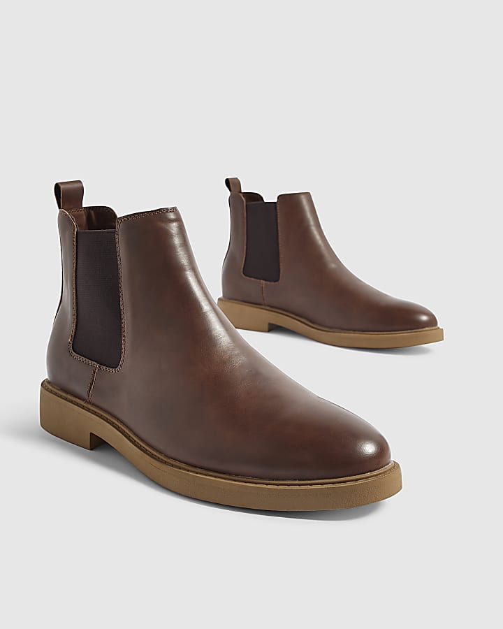 Brown Faux Leather Chelsea Boots