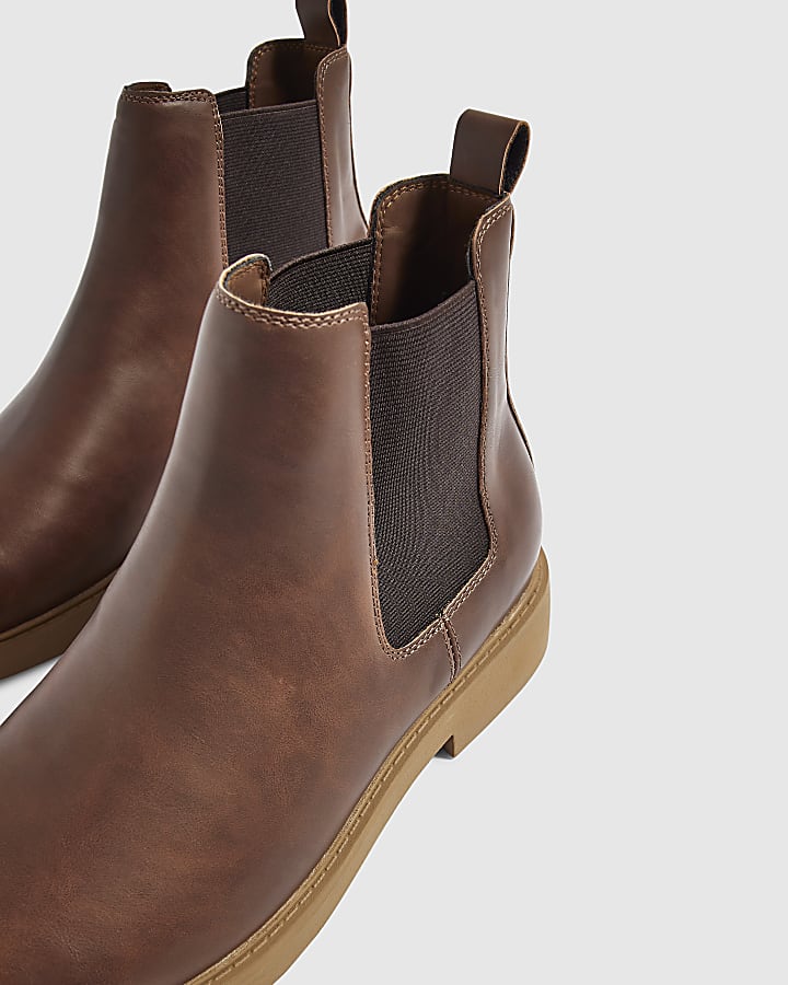 Brown Faux Leather Chelsea Boots