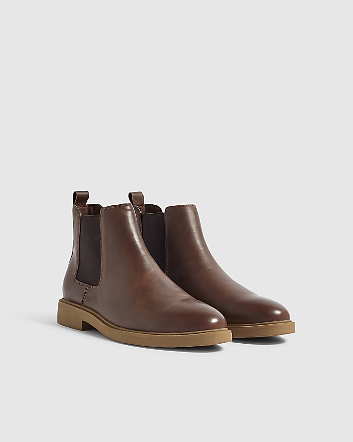 Brown Faux Leather Chelsea Boots