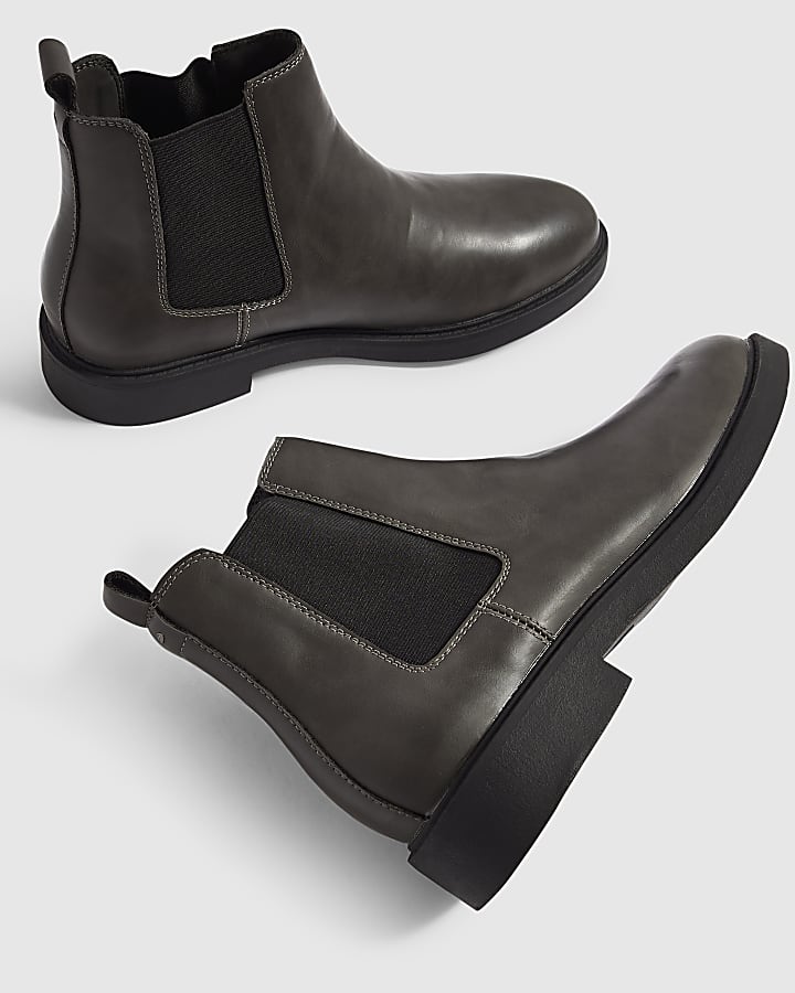 Grey Faux Leather Chelsea Boots